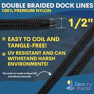 1/2" x 35'- Black (2 Pack) Double Braided Nylon Dock Line - For Boats Up to 35' - Long Lasting Mooring Rope - Strong Nylon Dock Ropes for Boats - Marine Grade Sailboat Docking Rope