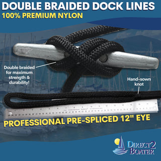 1/2" x 25' Black - (2 Pack) - Double Braided Nylon Dock Line - For Boats up to 35' - Long Lasting Mooring Rope - Strong Nylon Dock Ropes for Boats - Marine Grade Sailboat Docking Rope