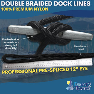 1/2" x 30' - Black Double Braided 100% Premium Nylon Dock Line - For Boats up to 35' - Long Lasting Mooring Rope - Strong Nylon Dock Ropes for Boats - Marine Grade Sailboat Docking Rope
