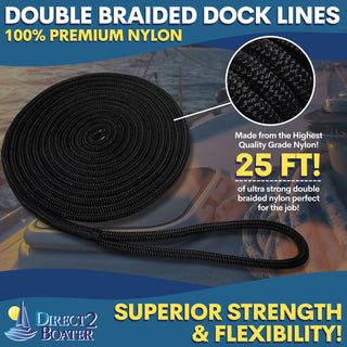 3/4" x 25' - Black Double Braided 100% Premium Nylon Dock Line - For Boats Up to 55' - Long Lasting Mooring Rope - Strong Nylon Dock Ropes for Boats - Marine Grade Sailboat Docking Rope