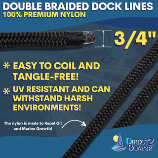 3/4" x 25' - Black Double Braided 100% Premium Nylon Dock Line - For Boats Up to 55' - Long Lasting Mooring Rope - Strong Nylon Dock Ropes for Boats - Marine Grade Sailboat Docking Rope