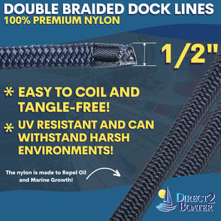 1/2" x 25' - Dark Navy (2 Pack) Double Braided 100% Premium Nylon Dock Line - For Boats up to 35' - Long Lasting Mooring Rope - Strong Nylon Dock Ropes for Boats - Marine Grade Sailboat Docking Rope