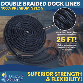 1/2" x 25' - Dark Navy (2 Pack) Double Braided 100% Premium Nylon Dock Line - For Boats up to 35' - Long Lasting Mooring Rope - Strong Nylon Dock Ropes for Boats - Marine Grade Sailboat Docking Rope