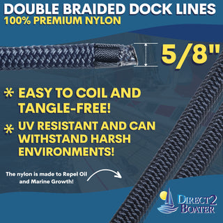 5/8" x 15' - Dark Navy Double Braided 100% Premium Nylon Dock Line - For Boats Up to 45' - Long Lasting Mooring Rope - Strong Nylon Dock Ropes for Boats - Marine Grade Sailboat Docking Rope