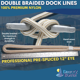 1/2" x 30' - Gold/White (2 Pack) Double Braided 100% Premium Nylon Dock Line - For Boats Up to 35' - Long Lasting Mooring Rope - Strong Nylon Dock Ropes for Boats - Marine Grade Sailboat Docking Rope