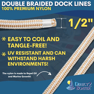 1/2" x 35' - Gold/White Double Braided 100% Premium Nylon Dock Line - For Boats Up to 35' - Long Lasting Mooring Rope - Strong Nylon Dock Ropes for Boats - Marine Grade Sailboat Docking Rope