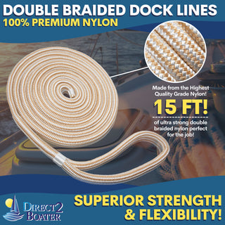 5/8" x 15' Gold/White (2 Pack) Double Braided 100% Premium Nylon Dock Line - For Boats Up to 45' - Long Lasting Mooring Rope - Strong Nylon Dock Ropes for Boats - Marine Grade Sailboat Docking Rope