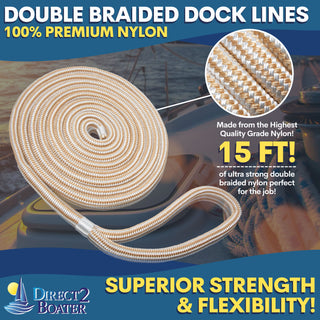 5/8" x 15' - Gold/White Double Braided 100% Premium Nylon Dock Line - For Boats Up to 45' - Long Lasting Mooring Rope - Strong Nylon Dock Ropes for Boats - Marine Grade Sailboat Docking Rope
