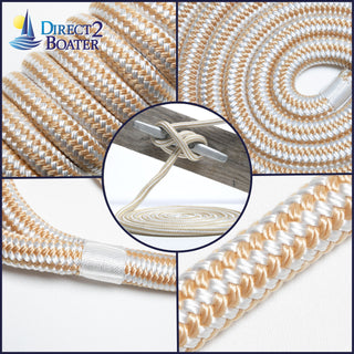 1/2" x 30' - Gold/White Double Braided 100% Premium Nylon Dock Line - For Boats Up to 35' - Long Lasting Mooring Rope - Strong Nylon Dock Ropes for Boats - Marine Grade Sailboat Docking Rope