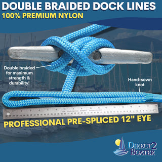 1/2" x 35' - Marine Blue Double Braided 100% Premium Nylon Dock Line - For Boats Up to 35' - Long Lasting Mooring Rope - Strong Nylon Dock Ropes for Boats - Marine Grade Sailboat Docking Rope