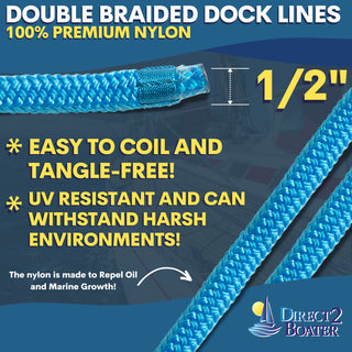 1/2" x 35' - Marine Blue Double Braided 100% Premium Nylon Dock Line - For Boats Up to 35' - Long Lasting Mooring Rope - Strong Nylon Dock Ropes for Boats - Marine Grade Sailboat Docking Rope