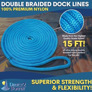 5/8" x 15' - Marine Blue Double Braided 100% Premium Nylon Dock Line - For Boats Up to 45' - Long Lasting Mooring Rope - Strong Nylon Dock Ropes for Boats - Marine Grade Sailboat Docking Rope