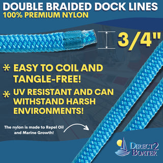 3/4" x 50' - Marine Blue (2 Pack) Double Braided 100% Premium Nylon Dock Line - For Boats Up to 55' - Long Lasting Mooring Rope - Strong Nylon Dock Ropes for Boats - Marine Grade Sailboat Docking Rope