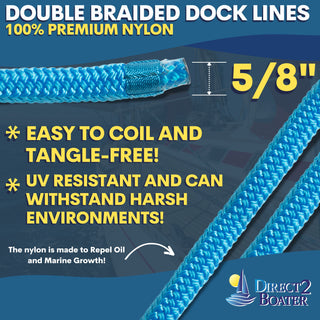 5/8" x 15' Marine Blue (2 Pack) Double Braided 100% Premium Nylon Dock Line - For Boats Up to 45' - Long Lasting Mooring Rope - Strong Nylon Dock Ropes for Boats - Marine Grade Sailboat Docking Rope