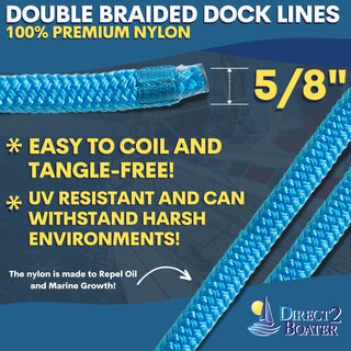 DB-148 | 5/8" x 20'  Marine Blue Double Braided Nylon Dock Line - For Boats up to 45'