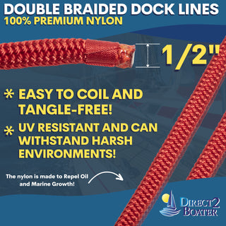 1/2" x 35' - Red (2 Pack) Double Braided 100% Premium Nylon Dock Line - For Boats Up to 35' - Long Lasting Mooring Rope - Strong Nylon Dock Ropes for Boats - Marine Grade Sailboat Docking Rope