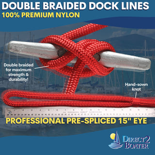 5/8" x 15' - Red Double Braided 100% Premium Nylon Dock Line - For Boats Up to 45' - Long Lasting Mooring Rope - Strong Nylon Dock Ropes for Boats - Marine Grade Sailboat Docking Rope