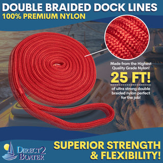 3/8" x 25' - Red (2 Pack) Double Braided 100% Premium Nylon Dock Line - For Boats Up to 25' - Long Lasting Mooring Rope - Strong Nylon Dock Ropes for Boats - Marine Grade Sailboat Docking Rope