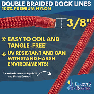 3/8" x 25' - Red (2 Pack) Double Braided 100% Premium Nylon Dock Line - For Boats Up to 25' - Long Lasting Mooring Rope - Strong Nylon Dock Ropes for Boats - Marine Grade Sailboat Docking Rope