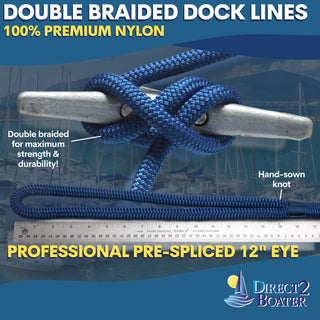 3/8" x 20' - Royal Blue (2 Pack) Double Braided 100% Premium Nylon Dock Line - For Boats up to 25' - Long Lasting Mooring Rope - Strong Nylon Dock Ropes for Boats - Marine Grade Sailboat Docking Rope