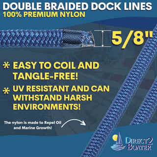 5/8" x 25' - Royal Blue (2 Pack) Double Braided 100% Premium Nylon Dock Line - For Boats Up to 45'  - Long Lasting Mooring Rope - Strong Nylon Dock Ropes for Boats - Marine Grade Sailboat Docking Rope