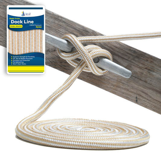 3/8" x 15' - Gold/White (2 Pack) Double Braided 100% Premium Nylon Dock Line - For Boats up to 25' - Long Lasting Mooring Rope - Strong Nylon Dock Ropes for Boats - Marine Grade Sailboat Docking Rope
