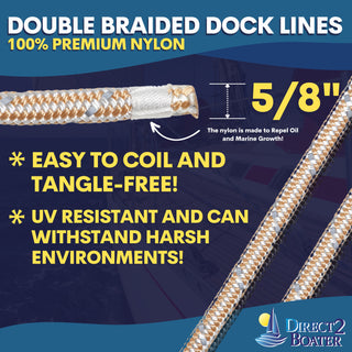 5/8" x 20' Gold/White REFLECTIVE Double Braided Nylon Dock Line - For Boats up to 45' - Long Lasting Mooring Rope - Strong Nylon Dock Ropes for Boats - Marine Grade Sailboat Docking Rope