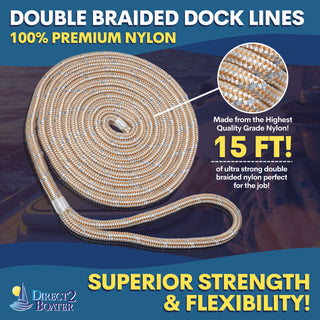 3/8" x 15' Gold/White - (2 Pack) - REFLECTIVE Double Braided Nylon Dock Line - For Boats up to 25' - Long Lasting Mooring Rope - Strong Nylon Dock Ropes for Boats - Marine Grade Sailboat Docking Rope