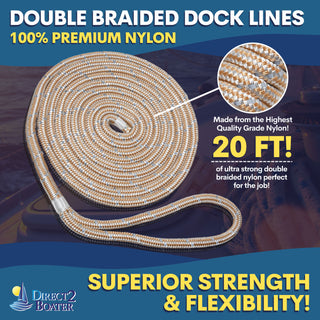 1/2" x 20' Gold/White - (2 Pack) - REFLECTIVE Double Braided Nylon Dock Line - For Boats up to 35' - Long Lasting Mooring Rope - Strong Nylon Dock Ropes for Boats - Marine Grade Sailboat Docking Rope