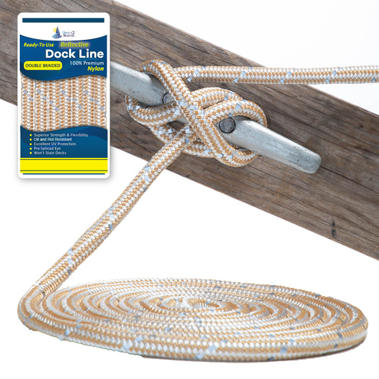 1/2" x 15' Gold/White REFLECTIVE Double Braided Nylon Dock Line - For Boats up to 35' - Long Lasting Mooring Rope - Strong Nylon Dock Ropes for Boats - Marine Grade Sailboat Docking Rope