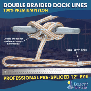 1/2" x 20' Gold/White - (2 Pack) - REFLECTIVE Double Braided Nylon Dock Line - For Boats up to 35' - Long Lasting Mooring Rope - Strong Nylon Dock Ropes for Boats - Marine Grade Sailboat Docking Rope