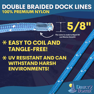 5/8" x 20'  Marine Blue (2 Pack) REFLECTIVE Double Braided  Nylon Dock Line - For Boats up to 45' - Long Lasting Mooring Rope - Strong Nylon Dock Ropes for Boats - Marine Grade Sailboat Docking Rope