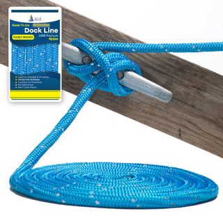 3/8" x 15' Marine Blue (2 Pack) REFLECTIVE Double Braided  Nylon Dock Line - For Boats up to 25' - Long Lasting Mooring Rope - Strong Nylon Dock Ropes for Boats - Marine Grade Sailboat Docking Rope