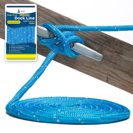 1/2" x 20' Marine Blue REFLECTIVE Double Braided  Nylon Dock Line - For Boats up to 35' - Long Lasting Mooring Rope - Strong Nylon Dock Ropes for Boats - Marine Grade Sailboat Docking Rope