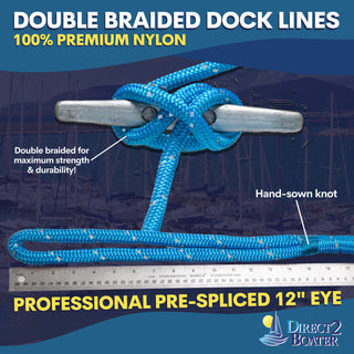 1/2" x 25' Marine Blue - (2 Pack) - REFLECTIVE Double Braided Nylon Dock Line - For Boats up to 35' - Long Lasting Mooring Rope - Strong Nylon Dock Ropes for Boats - Marine Grade Sailboat Docking Rope