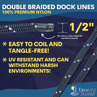 1/2" x 20' Dark Navy - (2 Pack) - REFLECTIVE Double Braided Nylon Dock Line  - For Boats up to 35' - Long Lasting Mooring Rope - Strong Nylon Dock Ropes for Boats - Marine Grade Sailboat Docking Rope