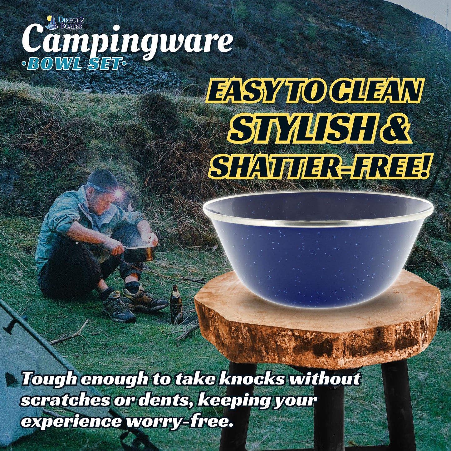 6" Enamel Camping Bowl - 4 Pack Metal Camping Bowl with Blue Enamel Finish - For Camping, Hiking & Picnics