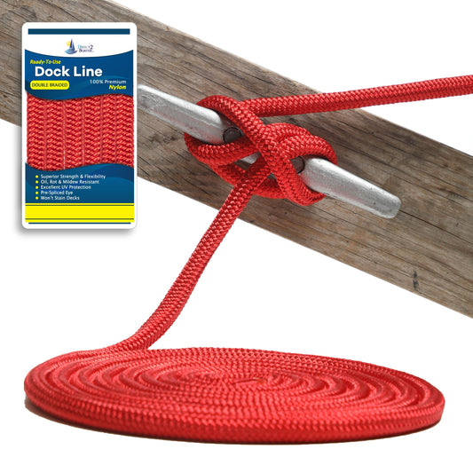 1/2" x 20' - Red Double Braided 100% Premium Nylon Dock Line - For Boats Up to 35' - Long Lasting Mooring Rope - Strong Nylon Dock Ropes for Boats - Marine Grade Sailboat Docking Rope