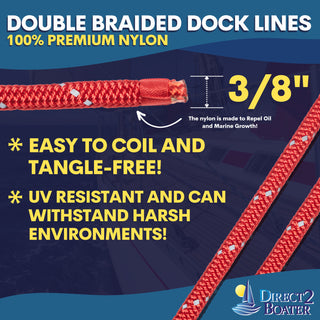 3/8" x 20' - Red - (2 Pack) - REFLECTIVE Double Braided Nylon Dock Line - For Boats Up to 25' - Long Lasting Mooring Rope - Strong Nylon Dock Ropes for Boats - Marine Grade Sailboat Docking Rope