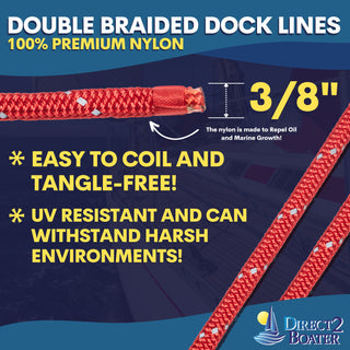 3/8" x 15' - Red - (2 Pack) - REFLECTIVE Double Braided Nylon Dock Line - For Boats Up to 25' - Long Lasting Mooring Rope - Strong Nylon Dock Ropes for Boats - Marine Grade Sailboat Docking Rope