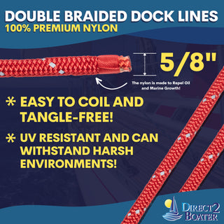 5/8" x 20' Red - REFLECTIVE Double Braided Nylon Dock Line - For Boats up to 45' - Long Lasting Mooring Rope - Strong Nylon Dock Ropes for Boats - Marine Grade Sailboat Docking Rope