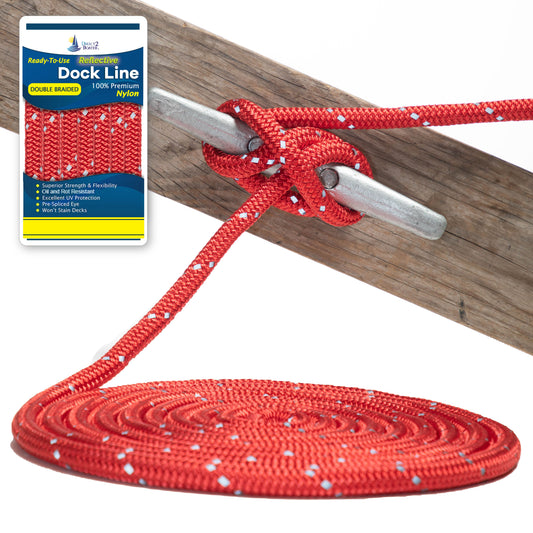 3/8" x 15' - Red - (2 Pack) - REFLECTIVE Double Braided Nylon Dock Line - For Boats Up to 25' - Long Lasting Mooring Rope - Strong Nylon Dock Ropes for Boats - Marine Grade Sailboat Docking Rope
