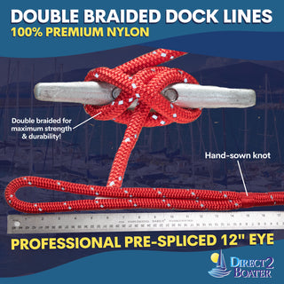 3/8" x 15' - Red - (2 Pack) - REFLECTIVE Double Braided Nylon Dock Line - For Boats Up to 25' - Long Lasting Mooring Rope - Strong Nylon Dock Ropes for Boats - Marine Grade Sailboat Docking Rope