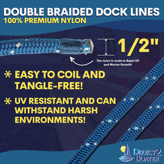 1/2" x 20' Royal Blue - (2 Pack) - REFLECTIVE Double Braided Nylon Dock Line - For Boats up to 35' - Long Lasting Mooring Rope - Strong Nylon Dock Ropes for Boats - Marine Grade Sailboat Docking Rope