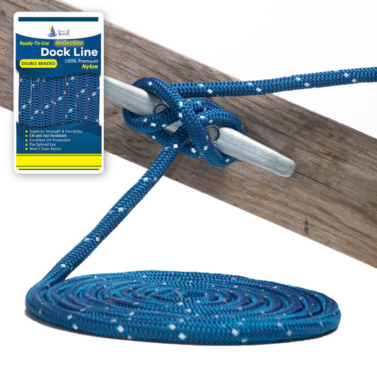 1/2" x 20' Royal Blue - (2 Pack) - REFLECTIVE Double Braided Nylon Dock Line - For Boats up to 35' - Long Lasting Mooring Rope - Strong Nylon Dock Ropes for Boats - Marine Grade Sailboat Docking Rope